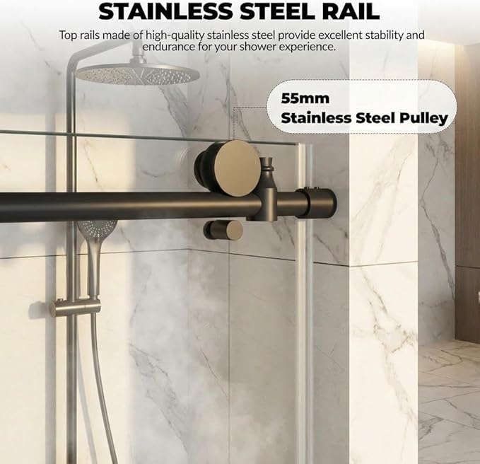 Frameless Shower Door, Adjustable 56"-60" Width x 76" Height, 6mm (1/4") SGCC Tempered Clear Glass with Easy-Clean Coating, Matte Black Stainless Steel Top Rail, One Fixed One Sliding