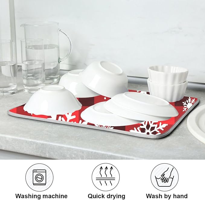 Snowflakes Christmas Checkered Plaid Dish Drying Mat for Kitchen Counter Absorbent Microfiber Drying Pad, Medium 16x18 in