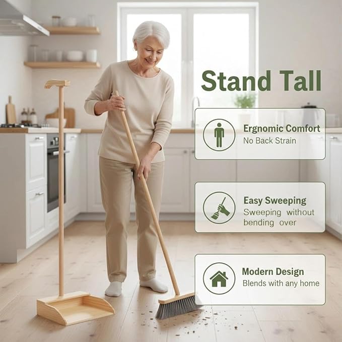 Wooden Dustpan – Long Handle Standing Dust Pan for Home, Lobby, Shop, Garage & Yard