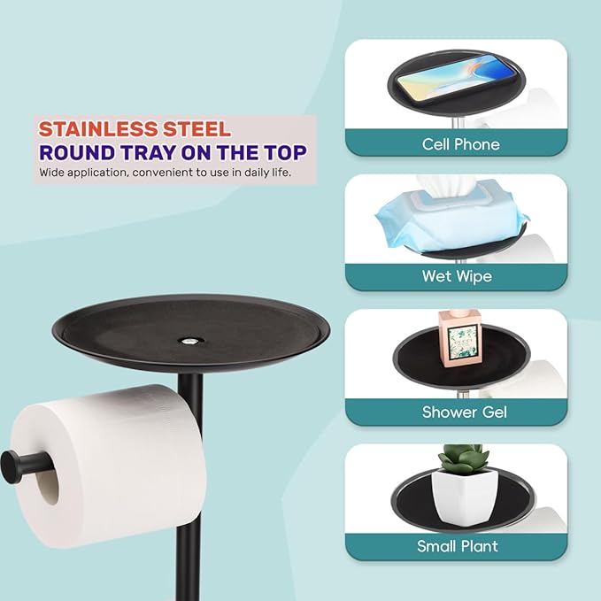 Black Toilet Paper Holder Stand, Freestanding Toilet Paper Holder with Shelf for Small Items, Toilet Paper Stand with Storage Space for 4 Extra Toilet Paper Rolls