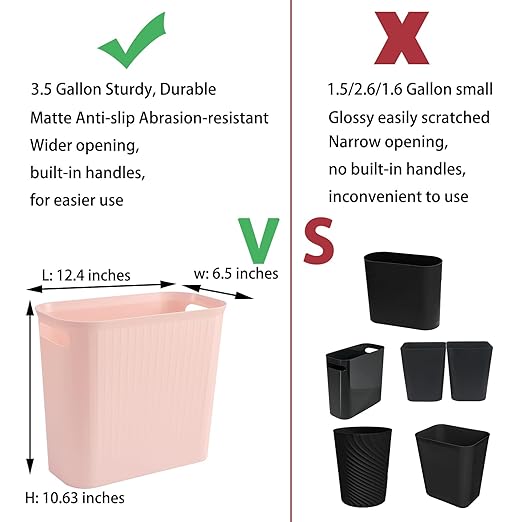 rejomiik Small Trash Can, 3.5 Gallon Garbage Can Slim Waste Basket Plastic Trash Bin Container with Handles for Bathroom, Bedroom, Office, Home, Dorm Room, Kitchen, Rectangular, Rosette Pink