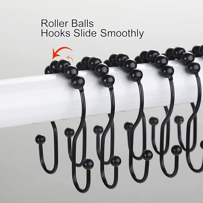 Goowin Shower Curtain Hooks, 12 Pcs Shower Curtain Rings, Stainless Steel Black Shower Curtain Hooks, Shower Curtain Rings Rust Proof, Smooth Sliding Anti-Drop Double Shower Rings for Curtain (Black)