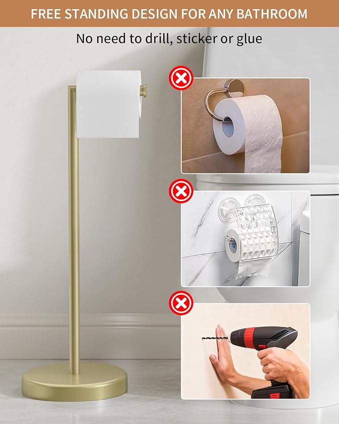 BWE Brushed Gold Toilet Paper Holder Stand, SUS304 Stainless Steel Modern Free Standing Toilet Paper Holder for Bathroom and Washroom with Heavy Weighted Base