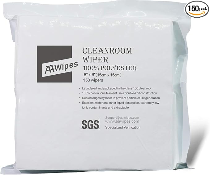 AAWipes Cleanroom Cloth Wipes 6"x6" (Bag of 150 Pcs) Double Knit 100% Polyester Wipers Lint Free Cloths with Ultra-fine Filaments, Laser Sealed Edge, Class 100 Cloths, Ultra-soft Wipes