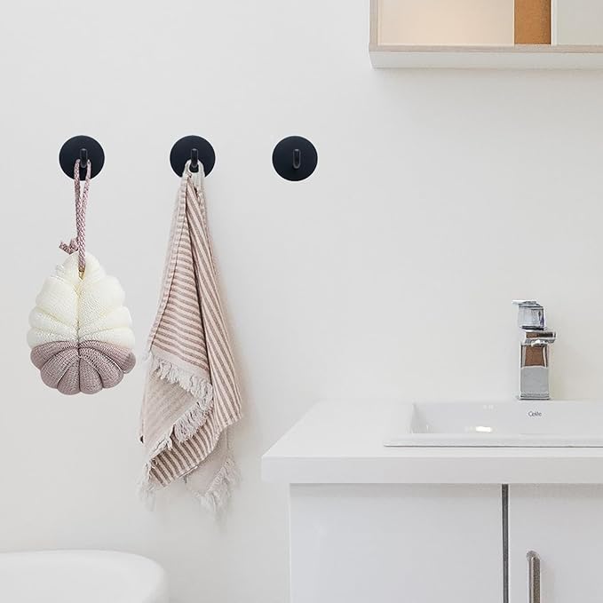 Adhesive Towel Hooks for Bathroom, 15LB Strong Hanger Stick on Wall and Door No Damage, Drill Free, Waterproof, Stainless Steel Sticky Hooks for Hanging, Matte Black, 8 Pack