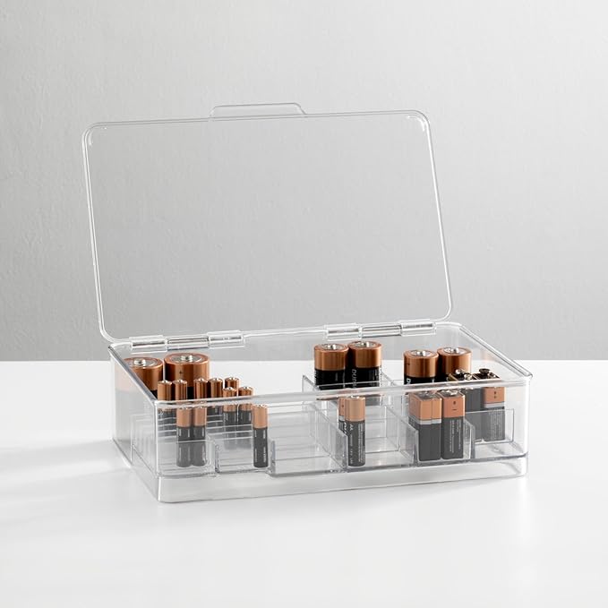 mDesign Plastic Large Stackable Divided Battery Storage Organizer Box with Hinged Lid for AA, AAA, C, D, 9 Volt Sizes, Great Storage for Kitchens, Home Offices, and Utility Rooms - Clear