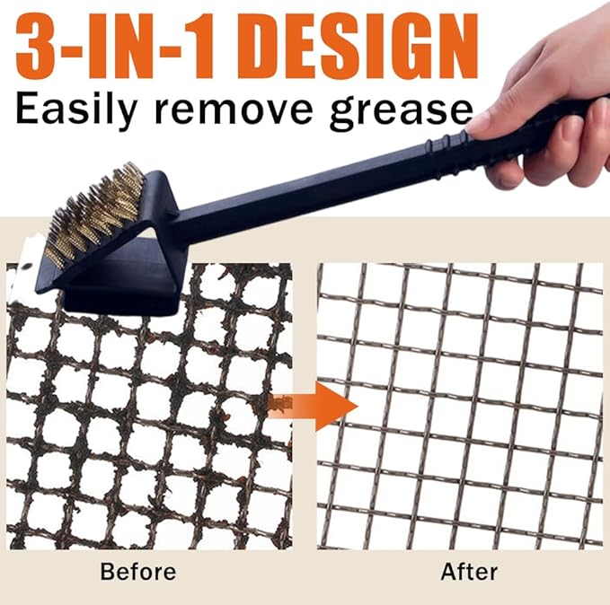 3-in-1 BBQ Grill Cleaning Brush, Brush Outdoor BBQ Cleaner Accessories Brush Wire Scrubber,Scraper and Scrub Pad in One Tool