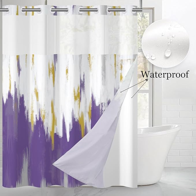 No Hook Shower Curtain with Snap in Liner, Hotel Style Purple White Gold Brush Strokes Art Modern Shower Curtain Waterpoof Washable with See Through Top Window,71"x86"