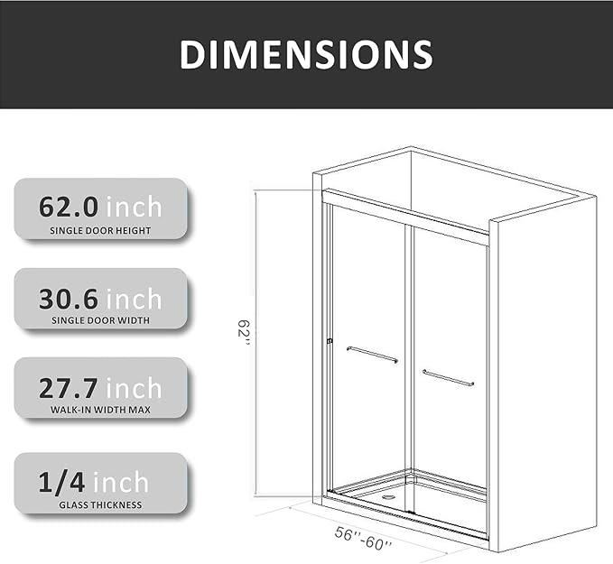 Bathtub Sliding Doors,56-60 inch W x 62 inch Height Shower Doors with 1/4 inch Clear Tempered Glass,Semi-Frameless Bypass Tub Doors with Stainless Steel Matte Black Hanles