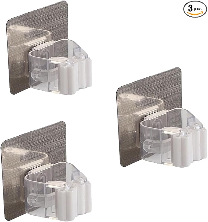 SEIWEI 3 Pcs Wall Mounted Mop Holder Self-Adhesive Broom and Mop Grippers Saving Space Mop Broom Organizer for Hang Brooms, Mops, Cleaning Brushes, Umbrellas(Single white)