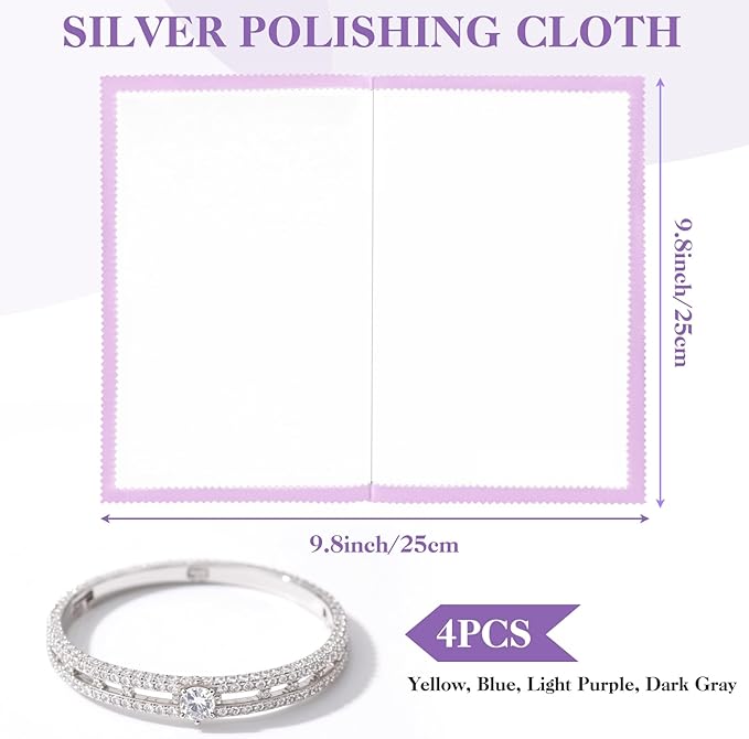 4PCS Silver Polishing Cloth, Large 10×12.5 Inch Soft Jewelry Polishing Cloth, Jewelry Cleaning Cloth for Sterling Silver Jewelry Gold, Platinum(Yellow, Blue, Purple, Gray)