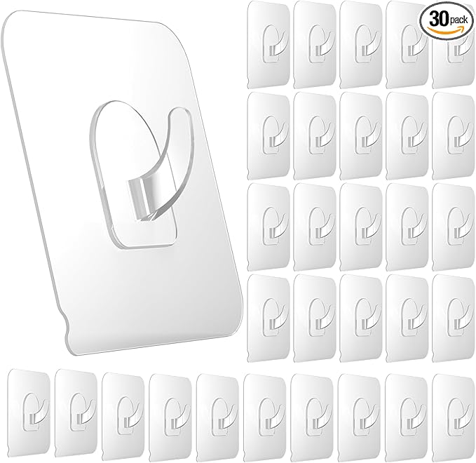 30 Pack Adhesive Hooks for Hanging, 33lb Heavy Duty Wall Hooks, Clear Plastic Sticky Utility Hook for Home Kitchen Bathroom Office Use