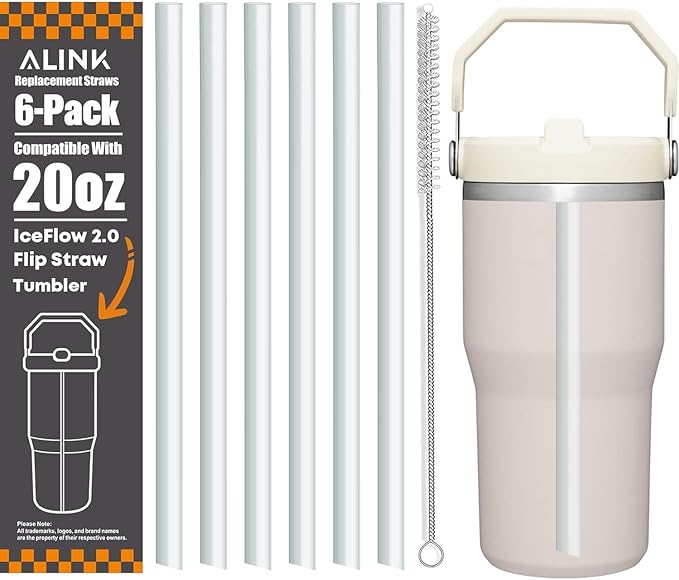 ALINK Reusable Clear Straws for Stanley IceFlow 2.0 Flip Straw Tumbler 20 oz, 6 Pack Plastic Replacement Straws Compatible with 20oz 2.0 IceFlow Cup with Brush, Angled Design, Dishwasher Safe