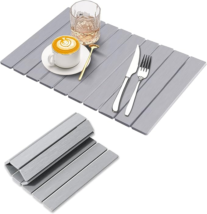 Stone Dish Drying Mat for Kitchen Counter, Collapsible Dish Drying Mat 24"(L)×16"(W) Absorbent Diatomaceous Earth Drying Mats, Quick Dry Stone Mat for Cups Dishes Kitchen Bathroom Any Countertop Gray