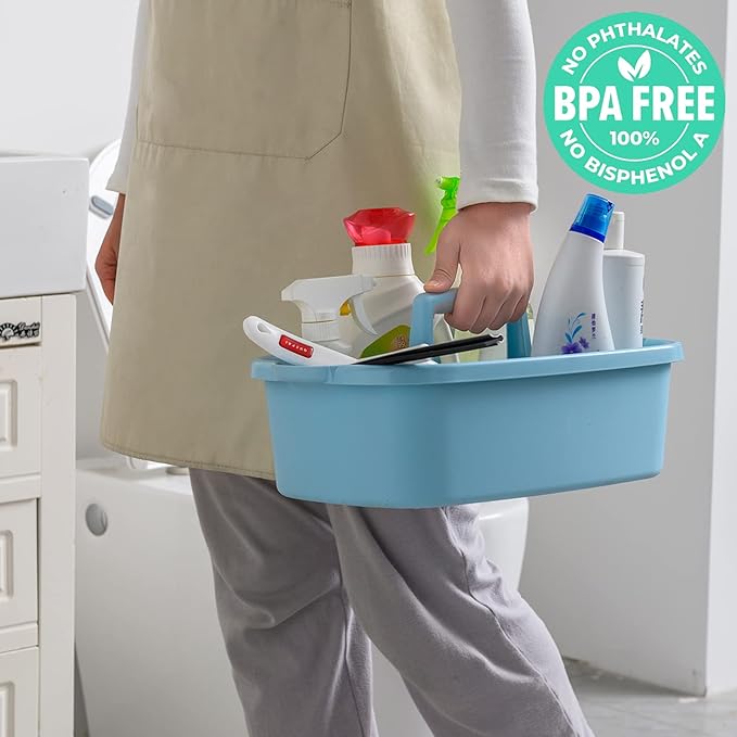 Cleaning Supplies Caddy, 2 Pack Cleaning Supply Organizer with Handle, Plastic Bucket for Cleaning Products, Tool Storage Caddy, Blue