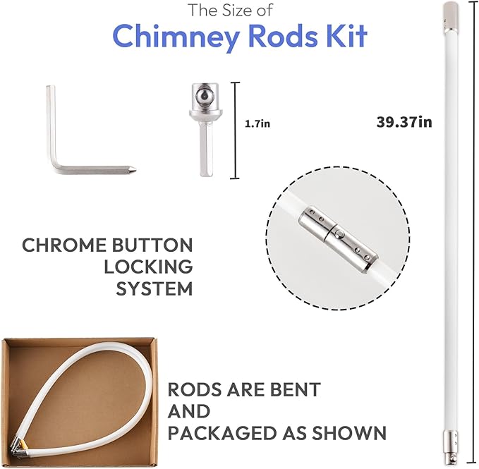 10 Feet Chimney Rods Kit, Chrome Button Locking System,with an Adapter and a Hex Key, Chimney Accessories for Chimney Sweep Kit