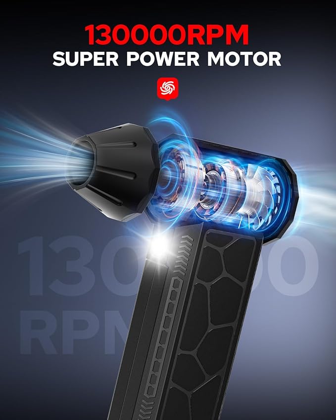 Benlari Power Electric Compressed Air Duster - 4 Gear Adjustable 130000RPM Electric Air Duster with LED Light - Rechargeable Cordless for Computer, Keyboard, Outdoor, House and Car