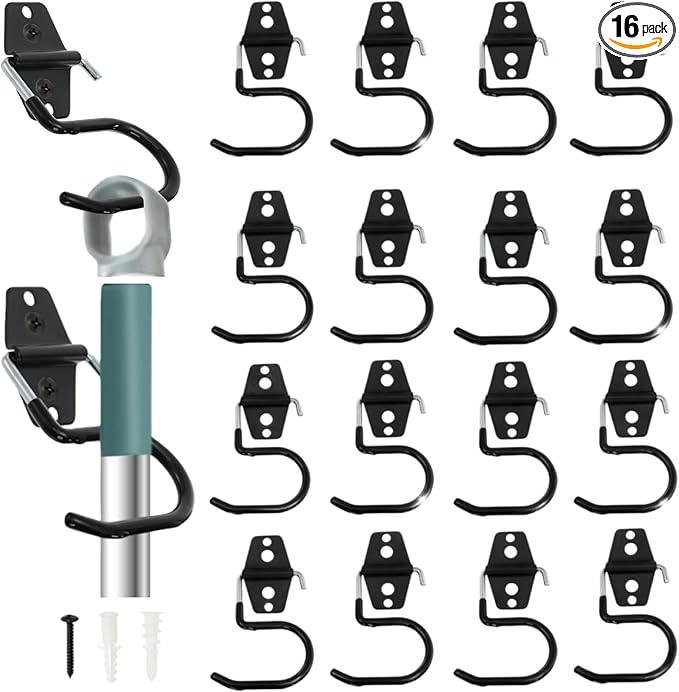 16 Pack Metal Broom Hooks, Heavy Duty Garage Holder Wall Mount, S Type Anti-Slip Mop Rack, Cleaning Tools Holder Storage Organizer Hanger for Shovel Rakes Shed Garden Lawn Yard
