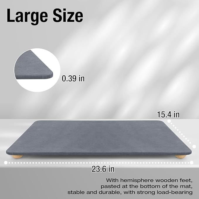 Large Stone Dish Drying Mat for Kitchen Counter, 24"×16" Quick Dry Super Absorbent Eco-Friendly Diatomaceous Earth Stone Mat with hemisphere wooden feet, Non-slip, Heat Resistant, Multi-purpose mats.