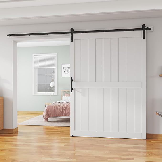60''x 84'' Sliding Barn Door with 10 Ft Barn Door Hardware Kit& Handle& Floor Guides,Pre-Drilled Holes Easy Assembly - Include Installation Manual, Water-Proof PVC Surface, H-Frame, White