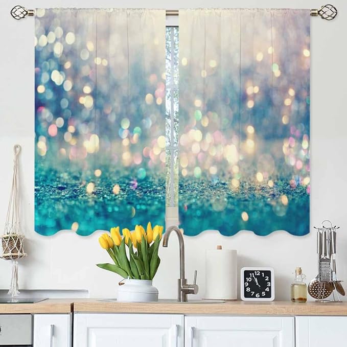 Blue Glitter Pattern Kitchen Curtains Beautiful Abstract Shiny Light Blur Bokeh Short Tier Curtains for Bathroom Cafe Small Window Drapes Treatment 2 Panels (27.5x39 Inch)