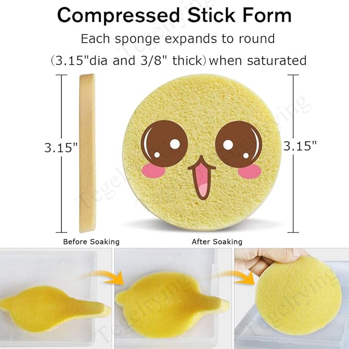 Facial Sponge Compressed,60 Pcs PVA Professional Makeup Removal Wash Round Face Sponges Spa Pads Exfoliating Cleansing for Women,Yellow,Pink,Blue,Purple