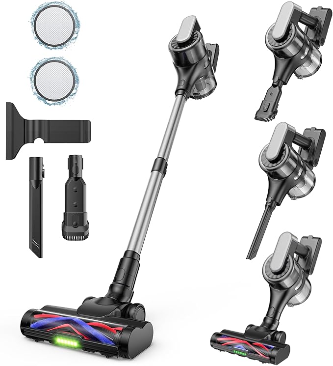 Cordless Stick Vacuum Cleaner – 3-in-1 Brush Roll for Hard Floors and Carpets, 55 Min Runtime Rechargeable Lightweight Vacuum with Green LED Headlight for Pet Hair and Dust Cleaning