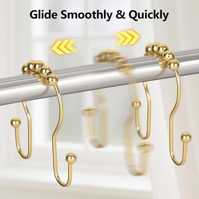 Double Shower Curtain Hooks, Sturdy Metal Nickel Shower Curtain Rings, Glide Roller Shower Hooks,Rust Proof Anti-Drop Curtain Hooks, 12 Pcs Smooth Sliding Rings for Bathroom Shower Rods Curtains