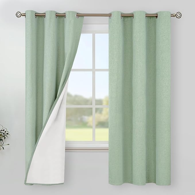 YoungsTex Light Green Linen 100% Blackout Curtains 63 Inch Length for Bedroom/Living Room - Grommet Thermal Insulated Drapes Full Room Darkening with White Liner, 2 Panels, 42 X 63 Inch
