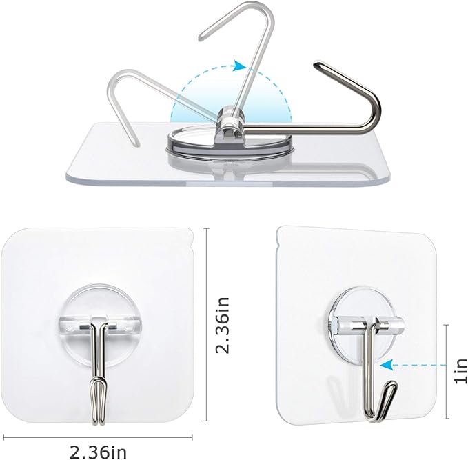 Adhesive Hooks Removable Wall Hook 13 LB Ceiling Hooks Transparent Seamless Waterproof and Oil Proof for Cabinet Kitchen Bathroom Ceiling Office Window 24 Pack
