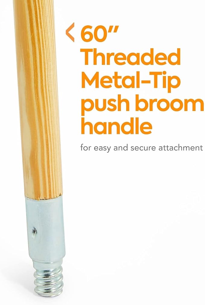 Professional 60" Wood Push Broom Handle, Threaded Metal Tip