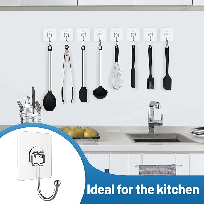Adhesive Hooks Heavy Duty 44lb(max), Rustproof Wall Hooks for Hanging Bag, Coat, Towel etc, Strong Stick on Hooks for Hanging Heavy Duty for Bathroom, Kitchen, Home, 16 Pack