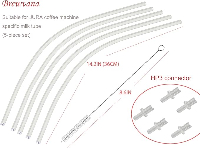 Milk Tube Hose set for Jura ENA E8,GIGA 6 10 W10,IMPRESSA J6 J8 J8twin Z5 Z6 Z7 Z8 Z9 Z10, S8 S80 WE8 fully automatic coffee machines(5 milk hoses 14.2in, 5 HP3 milk Hose Connectors, cleaning brush)