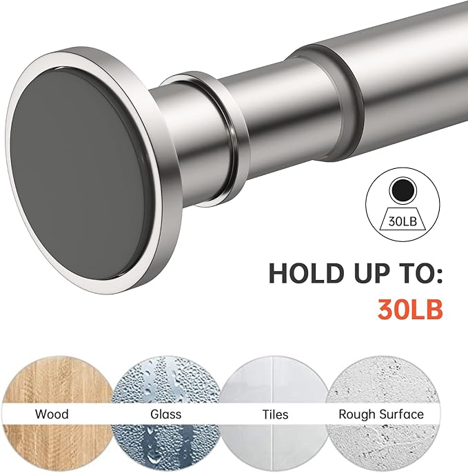 BRIOFOX Industrial Shower Curtain Rod - Rustproof Non-Slip Long Tension Shower Rod 54-90 Inch 304 Stainless Steel Tension Curtain Rod, Brushed Nickel