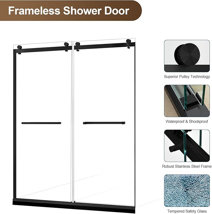 Paris Shower Door,60" W x 74" H Double Sliding Shower Door with 5/16"(8mm) Clear SGCC Tempered Glass,Bathroom Shower Door with 18 inch Pull Handle, Stainless Steel Hardware Matte Black