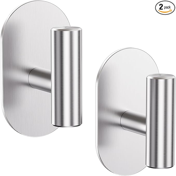 Silver Adhesive Hooks Heavy Duty, Wall Hooks for Shower, Bathroom, Towel, Coat, Robe, Stainless Steel Hooks for Hanging, Waterproof & Rustproof Sticky Hooks for Walls No Damage- 2 Pack
