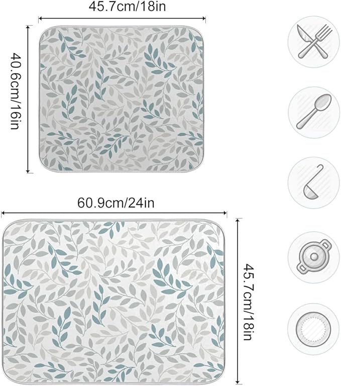 Grey and Blue Leaves branches Dish Drying Mat 18x24 for Kitchen Gray Leaves Botanical Spring Flowers Dishes Pad Dish Drainer Rack Mats Absorbent Fast Dry Kitchen Accessories