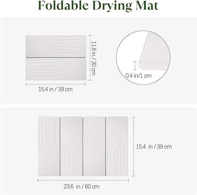 Large Stone Dish Drying Mat for Kitchen Counter, Quick Dry Stone Dishes Mats, 23.6"(L)×15.4"(W), Water Absorbing Diatomaceous Earth Drying Pad for Countertop Bottles Utensils Cups, White