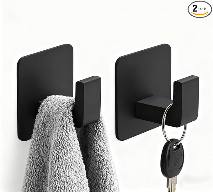 RUIGPRO Towel Hooks Adhesive No Drill, 2 Pack Matte Black Metal Hooks, Right Angle Design for Bathroom, Kitchen, Cabinet, Door, Holds Robes, Hats, Coats, Organizer for Smooth Surfaces