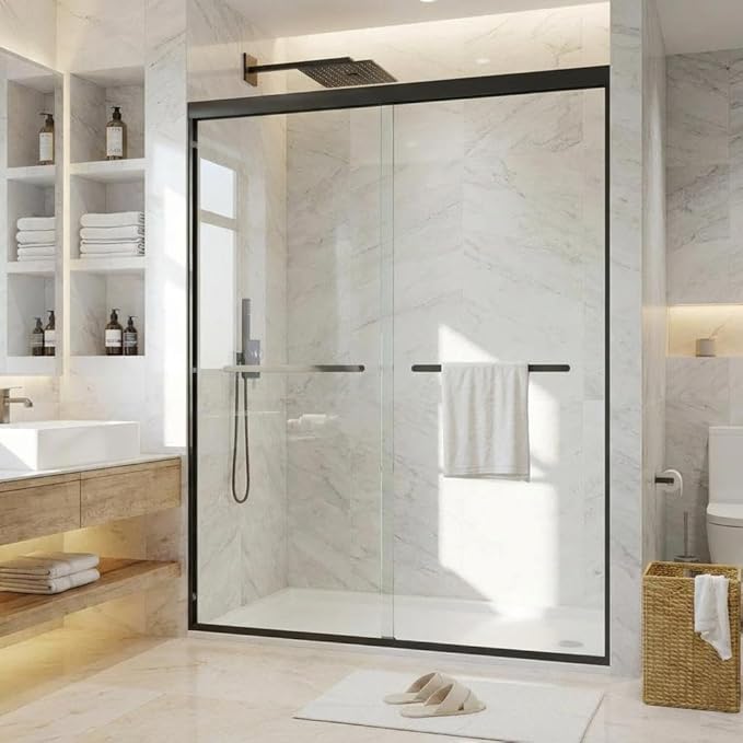 Sliding Shower Door, Adjustable 44"-48" W x 72" H with Double 8mm (5/16") Tempered Glass & Coating, Aluminum Alloy Frame, Matte Black Square Track, Space-Saving Bypass Design