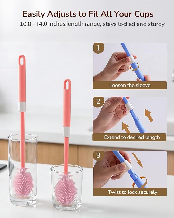 Extendable Bottle Brush with Straw Cleaner Brush, 10.8 to 14 Inches Adjustable Long Handle Water Bottle Scrubber for Cleaning Glasses, Cups, Coffee Mugs, tumblers with Replacement Head, Pink