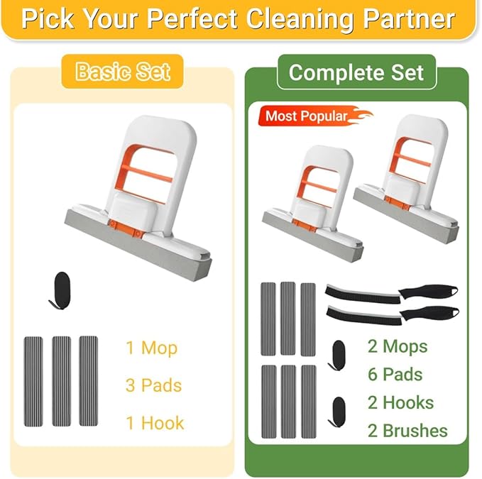 Mini Mop for Small Spaces, Foldable Self-Squeeze & Self-Wringing Wet Dry Sponge Mop, Portable Orange Cleaning Small Mop for Desktop, Kitchen Counter, Bathroom Tile, Glass – with 3 Pads & 1 Hook