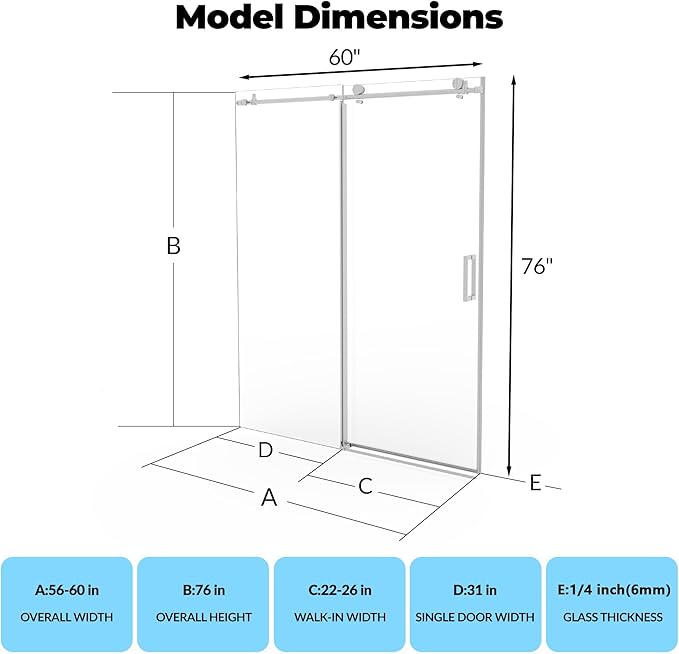 Frameless Sliding Shower Door, Adjustable 56"-60" W x 76" H with 1/4" SGCC Tempered Clear Glass & Easy-to-Clean Coating, Brushed Nickel Stainless Steel Round Rail, One Fixed One Sliding