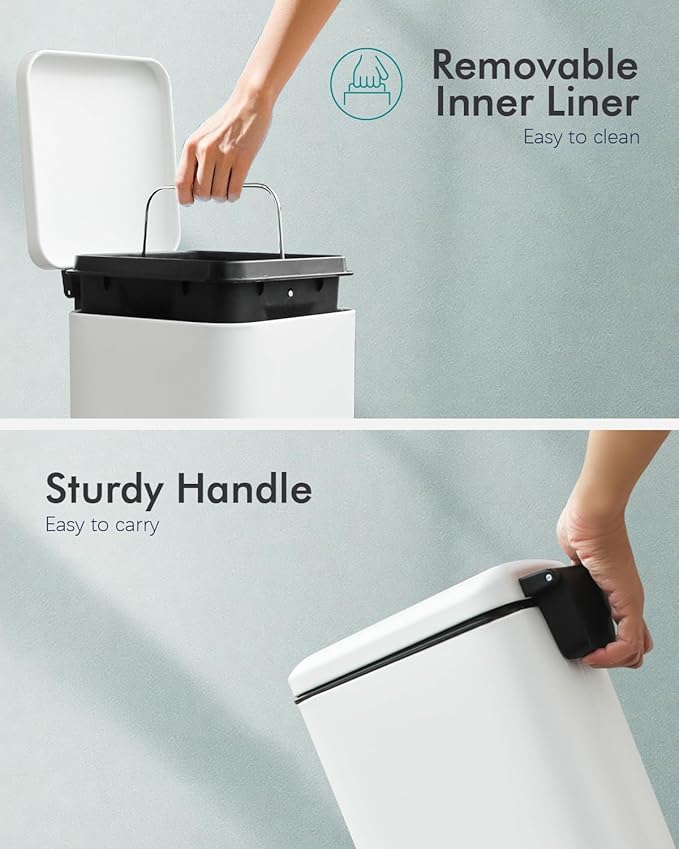 8 Gallon Trash Can with Lid, White Kitchen Trash Can with Soft Close, Inner Bucket & Steel Pedal, Stainless Steel Garbage Can for Kitchen, Laundry Room, Office, Bathroom, Dorm, 30 Liters