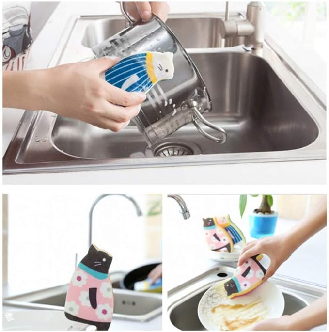 Sink Cat Dish Sponge Scrubber for Washing Dishes Dishwashing Cloth Scrubber Pack of 4 (BluePink Set)
