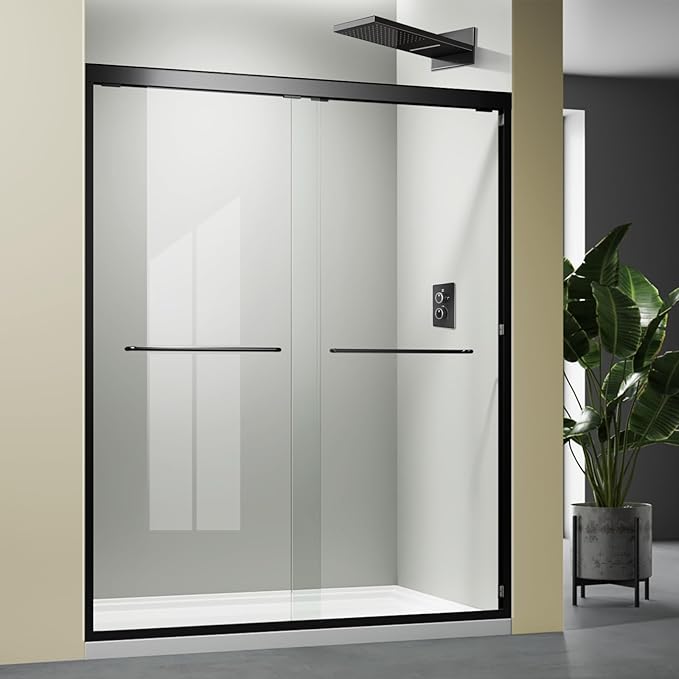 Shower Glass Door for Walk in,45"-48" W x 72" H with ANSI/SGCC Certified 1/4''(6mm) Tempered Glass Double Sliding Waterproof Design Black Stainless Steel Handles Hardware Shower Enclosure