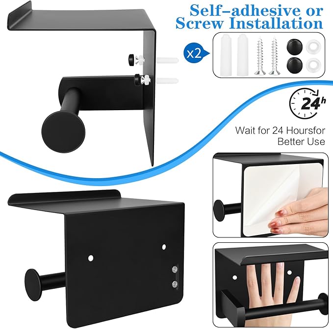 2pcs Matte Black Toilet Paper Holder with Shelf, Screw or Self Adhesive Toilet Paper Holder Wall Mount,