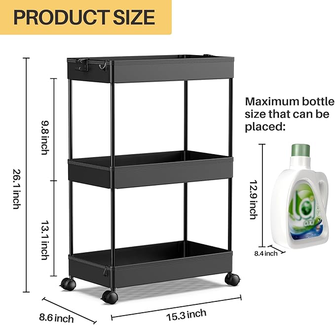 SPACEKEEPER Rolling Storage Cart 3 Tier Bathroom Cart Organizers with Wheels Laundry Room Organization Mobile Shelving Unit Utility Cart Storage Shelves Multi-Functional for Office, Home, Black