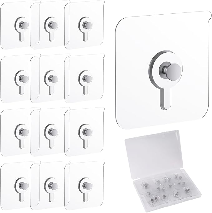 12 Pcs Picture Hangers without Nails, 20 Ibs Load Heavy Duty Self Picture Hanging Hooks for Hanging, Waterproof Adhesive Picture Hooks for Bathroom Kitchen, Transparent Sticky Hooks for Frames
