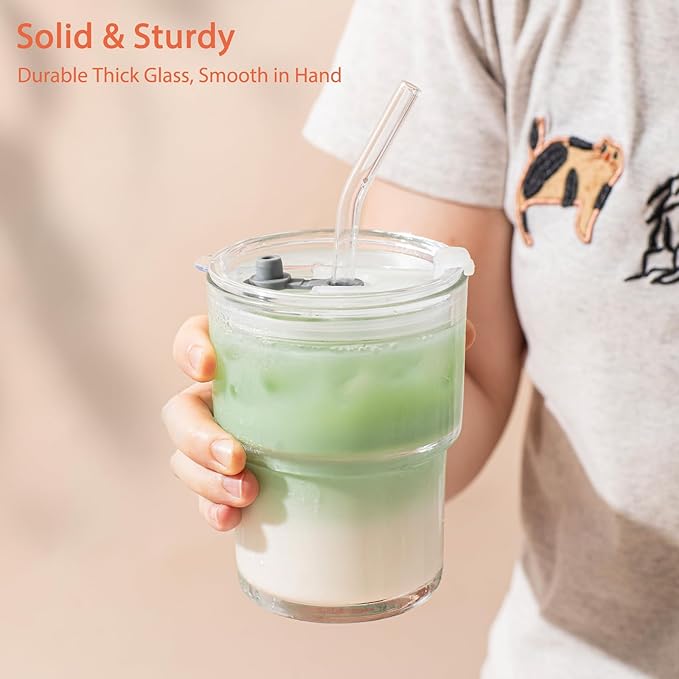13oz Glass Tumbler with Lid and Glass Straw Set of 4 – Thick-Walled Iced Coffee Cup, Reusable Clear Glass Cup for Water, Iced Tea, Coffee, Juice, Perfect for On-the-Go & Daily Use